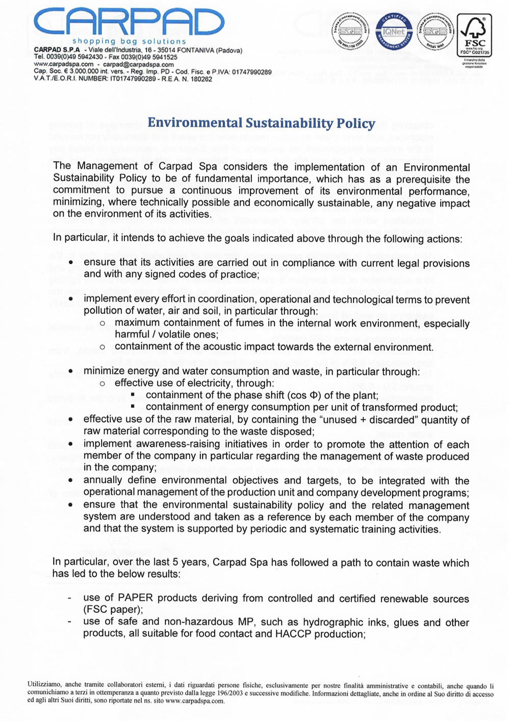 Certification - Policy sostenibilità ambientale
