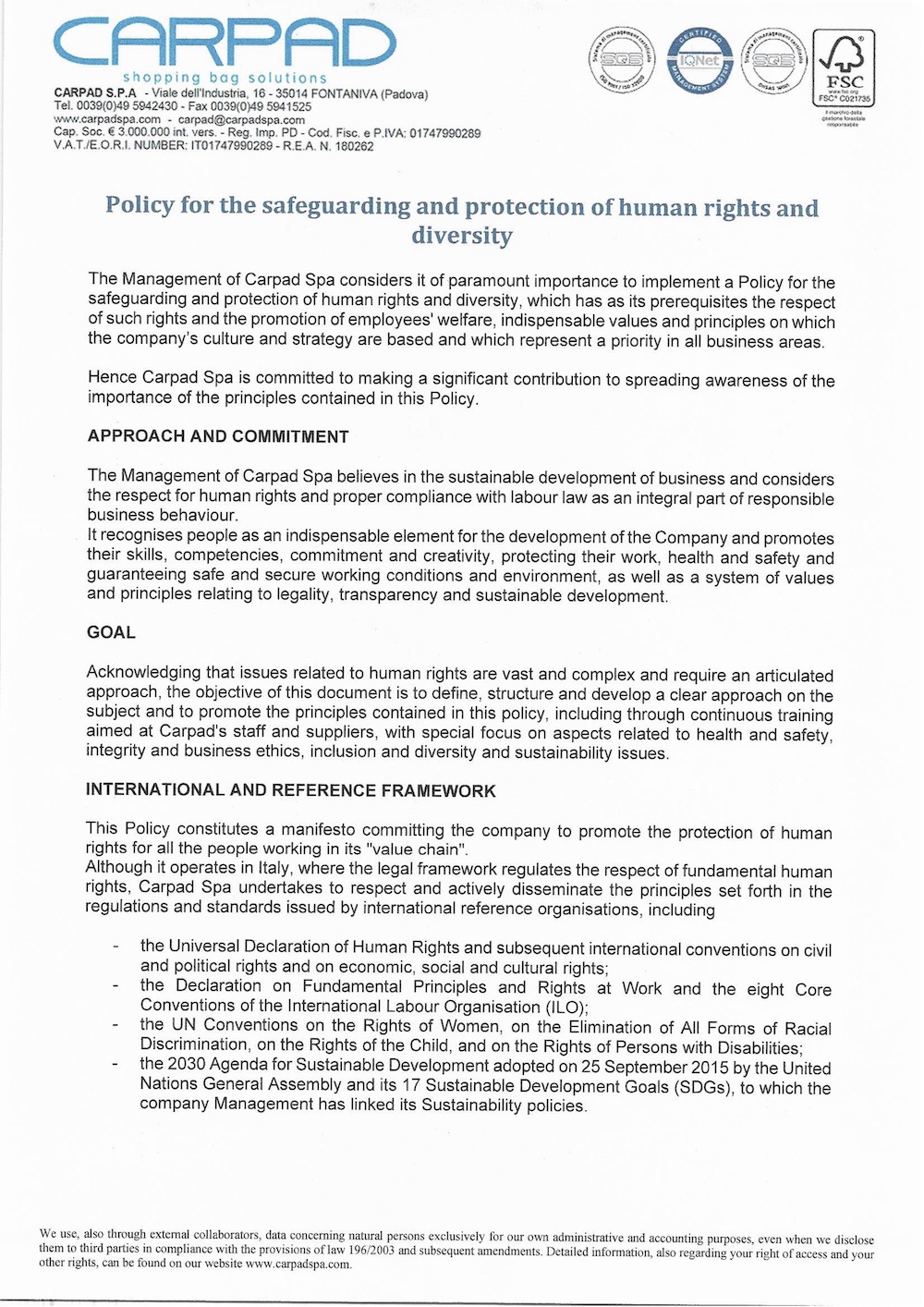 Certification - Policy diritti umani e diversità